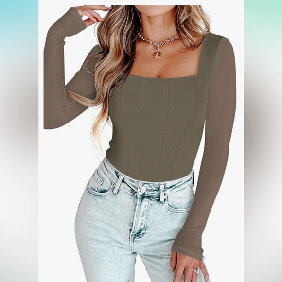 Tops - NWOT Square Neck, Mesh Long Sleeve Bodysuit Shapewear Corset Tops